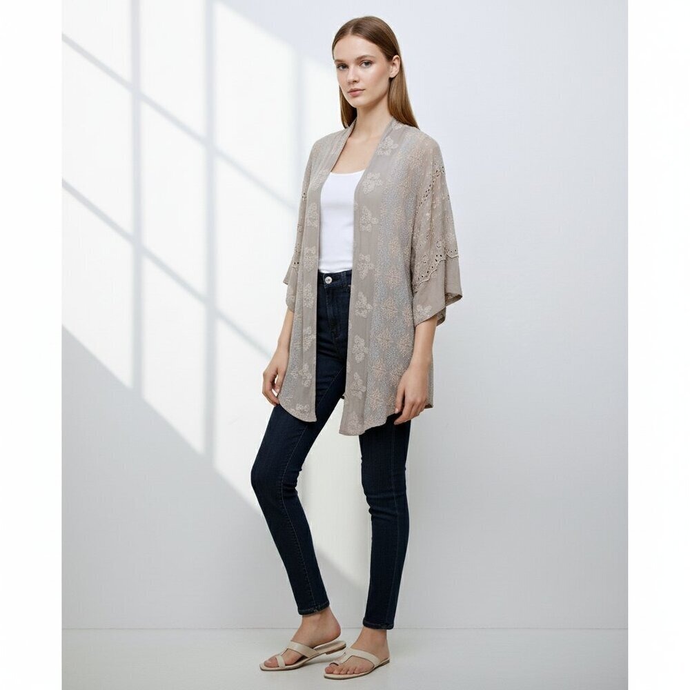 Johnny Was Embroidered‎ Eyelet Floral Waterfall Kimono Gray Cream Women S